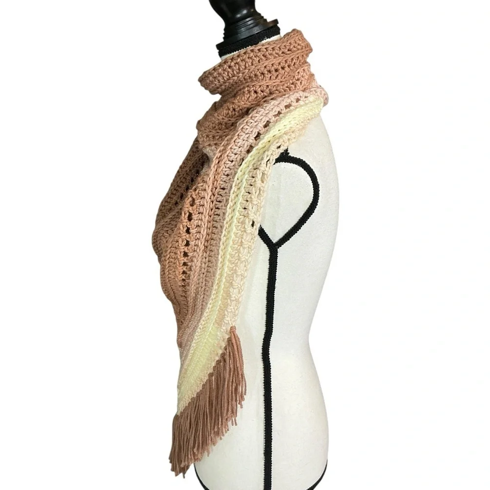 Hand Crafted‎ Crochet Turtle Neck Scarf in Beige and Cream with Fringe